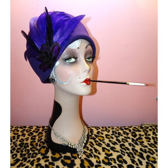 Vintage Mr. Charles Purple Wool Bucket Hat w/ Feathers church hat Kentucky Derby - Picture 3 of 11